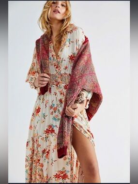 Free People Floral Cream Maxi Dress with Red Floral Print